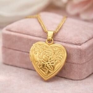 Dainty Gold Tone Necklace Heart Locket Floral Rose Valentine's Birthday Gift
